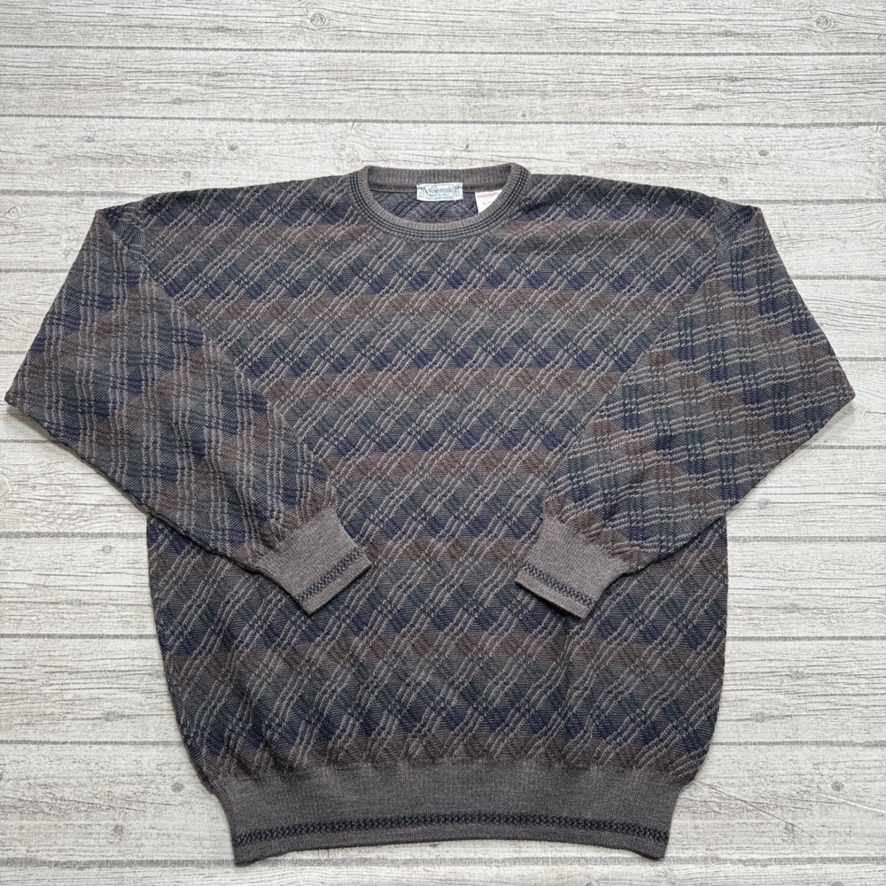 Vintage 90s Avanzata Sweater Men's XL Brown Merino Wool Geometric Pullover Italy